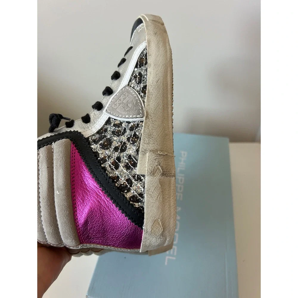 Philippe Model Paris PRSX High Woman Glitter Leo Metal‎ Argent Rose Sneakers 38
